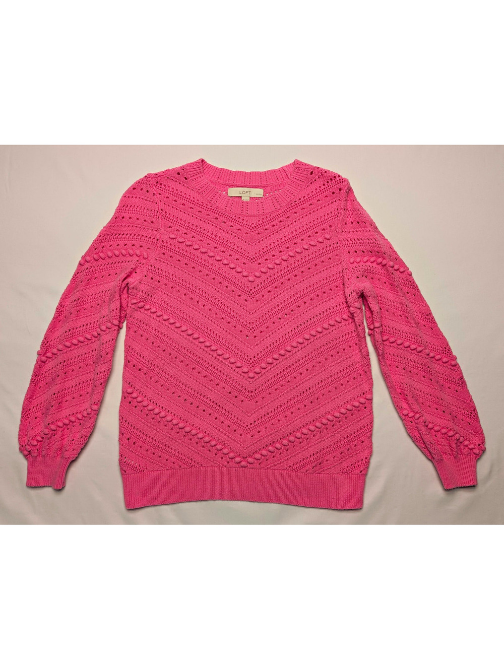 LOFT Pink Cotton Knit Pointelle Crew Neck Pullover Sweater Petites PM